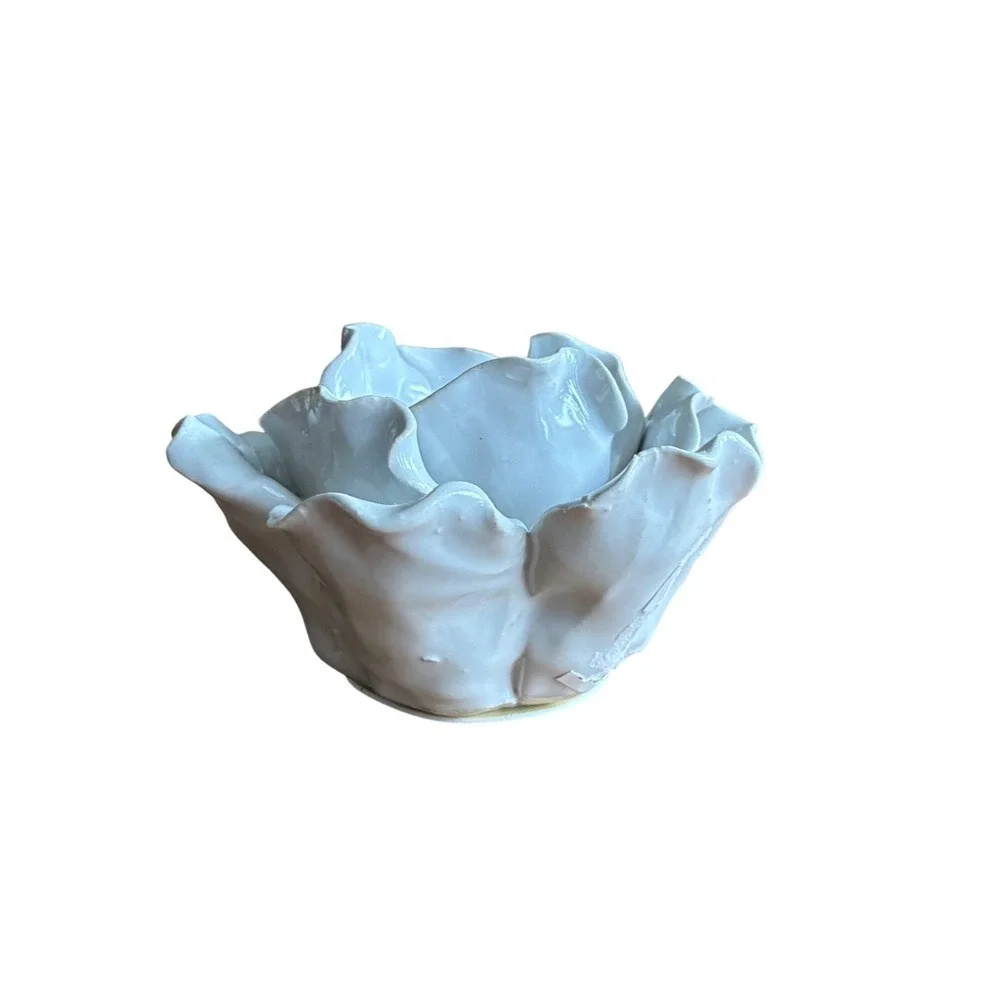 Ceramic Flower Candlestick / Tea Light Holder Small Cream Ruffled Petal